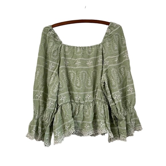 Cato Womens Green Eyelet Embroidered Boho Cinched Waist Square Neck Blouse XL - Picture 4 of 6